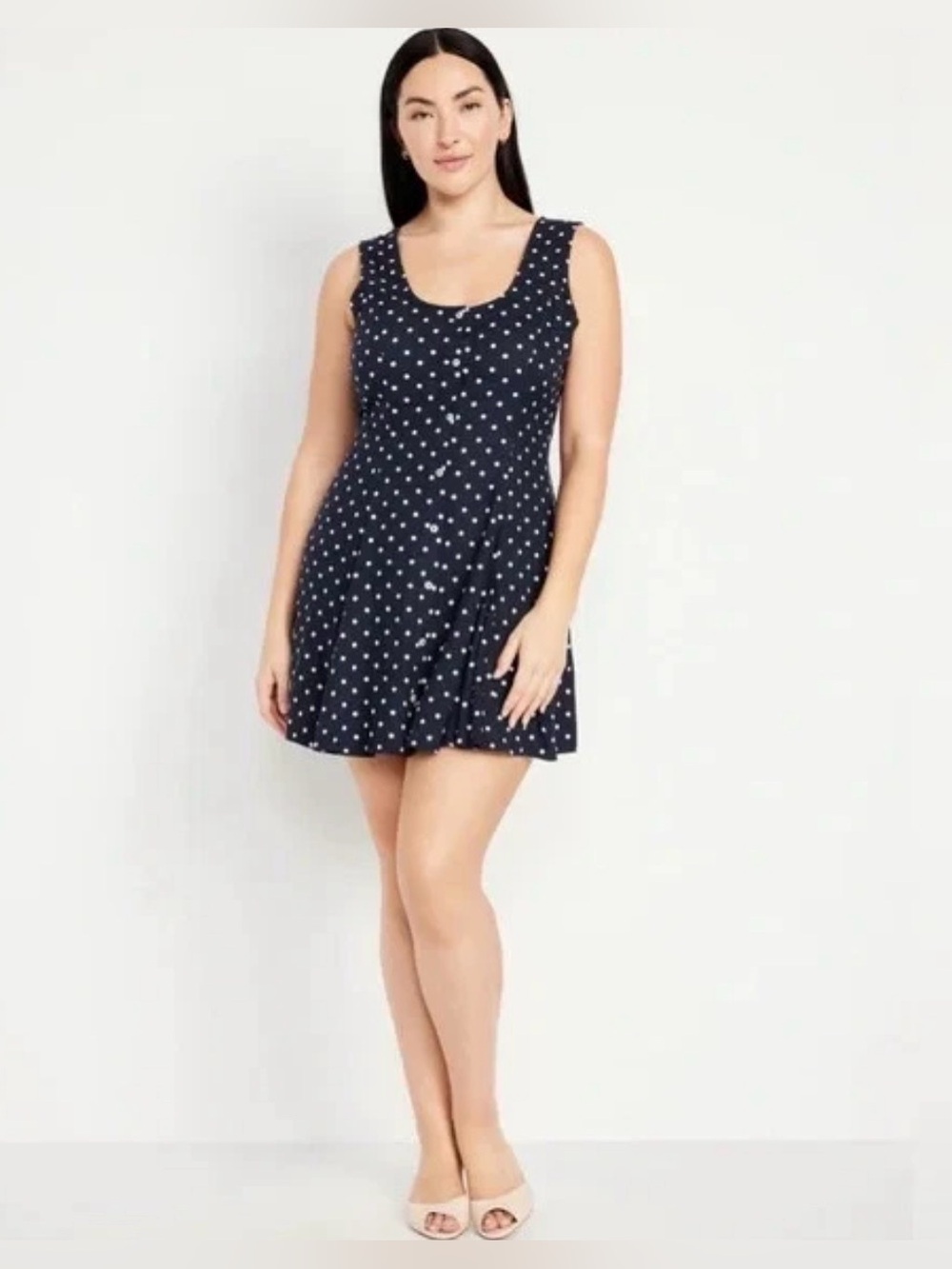 NWT Old Navy Navy Polka Dot Fit & Flare Crepe Button Down Mini Dress Large-Tall